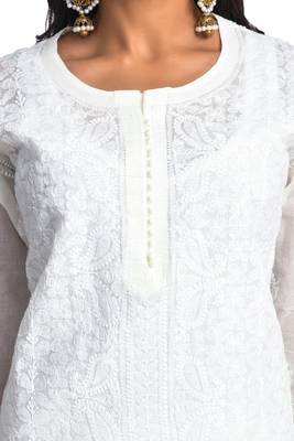 Cream Embroidered Cotton Chikankari Kurti  4