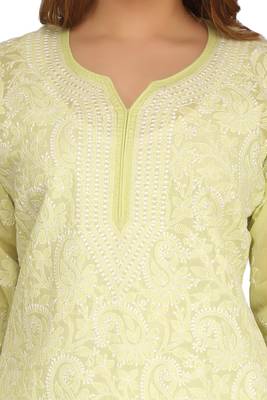 Green Embroidered Cotton Chikankari Kurti 4