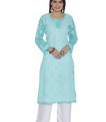 Sea Green Embroidered Cotton Chikankari Kurti