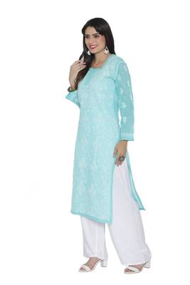 Sea Green Embroidered Cotton Chikankari Kurti 3