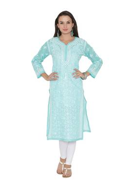 Sea Green Embroidered Cotton Chikankari Kurti 1