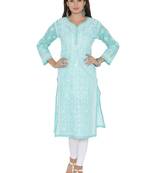 Sea Green Embroidered Cotton Chikankari Kurti