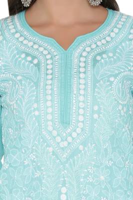 Sea Green Embroidered Cotton Chikankari Kurti 4