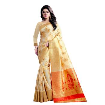 Cream Woven Banarasi Saree With Blouse 1