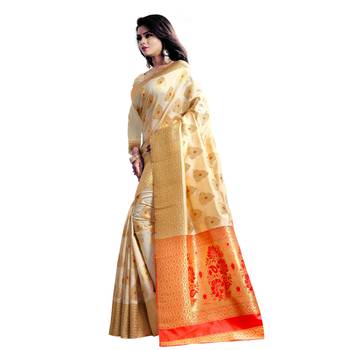 Cream Woven Banarasi Saree With Blouse 2