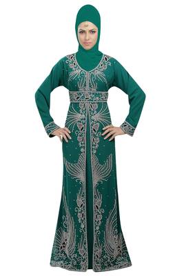 Rama Green georgette islamic kaftan with zari and stone work 1