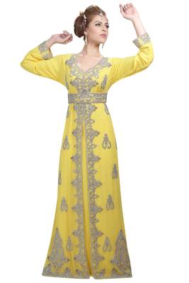 Yellow georgette islamic kaftan with zari and stone work 1