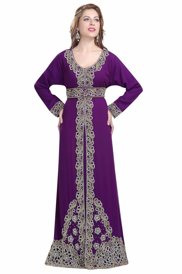 Purple georgette islamic kaftan with zari and stone work
