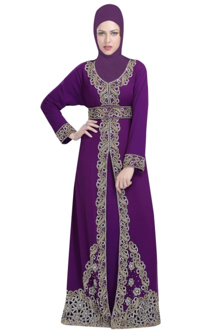 Purple georgette islamic kaftan with zari and stone work