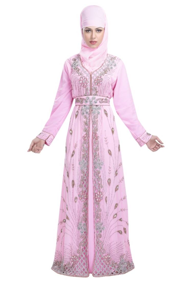 Baby Pink Georgette Beads and Zari work Kaftan