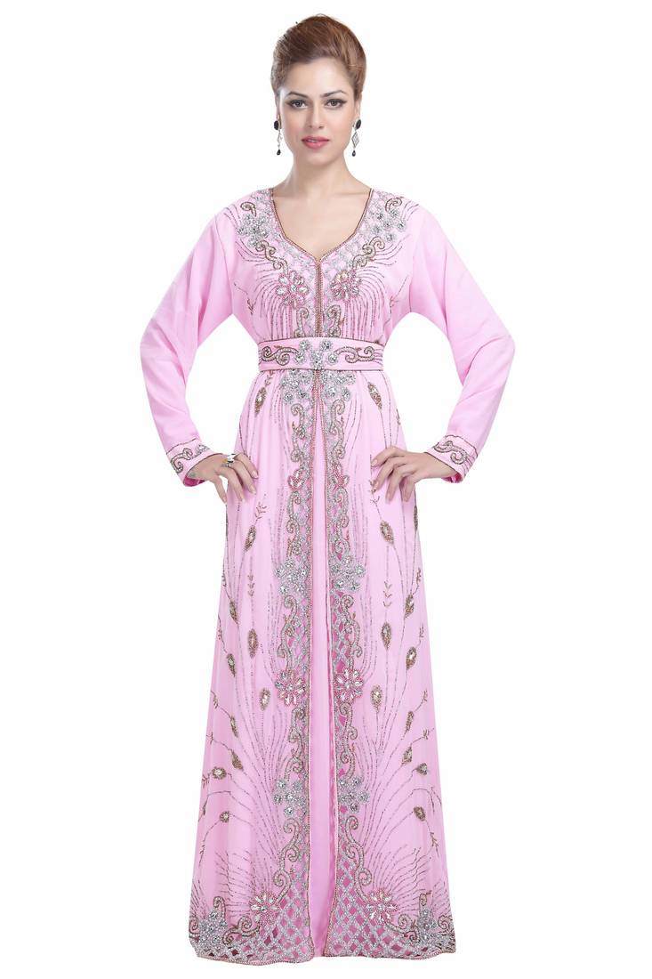 Baby Pink Georgette Beads and Zari work Kaftan