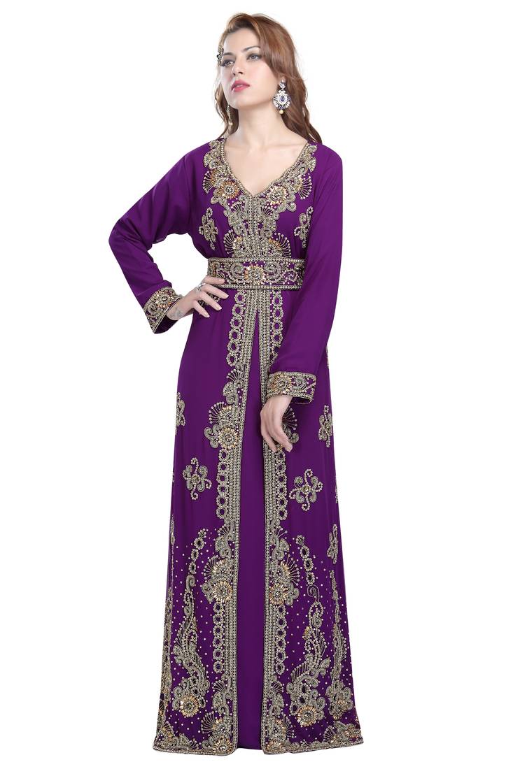 Purple georgette islamic kaftan with zari and stone work