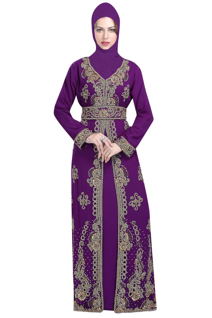 Purple georgette islamic kaftan with zari and stone work
