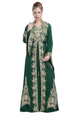 Bottle Green georgette islamic kaftan with zari and stone work 1