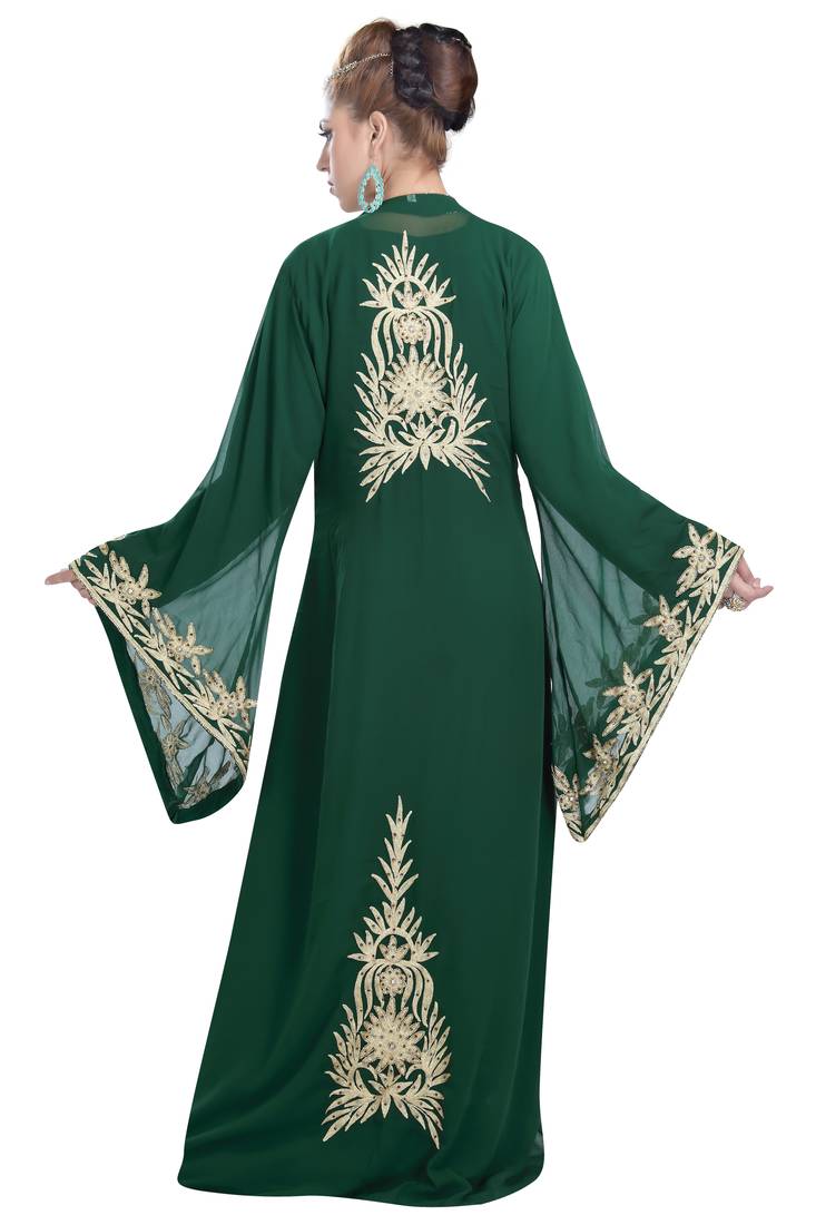 Bottle Green georgette islamic kaftan with zari and stone work