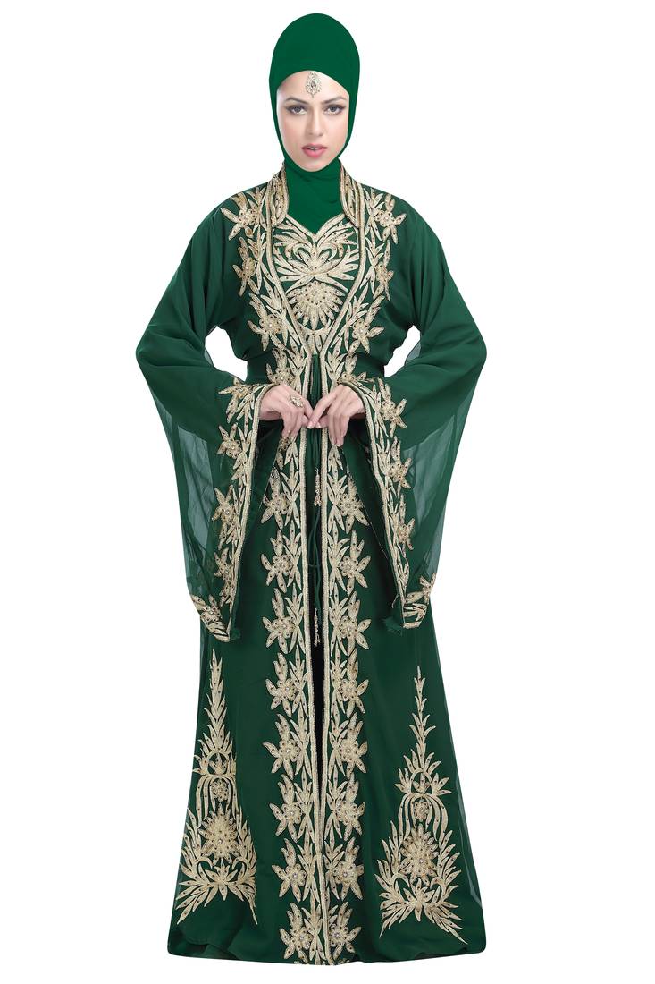 Bottle Green georgette islamic kaftan with zari and stone work