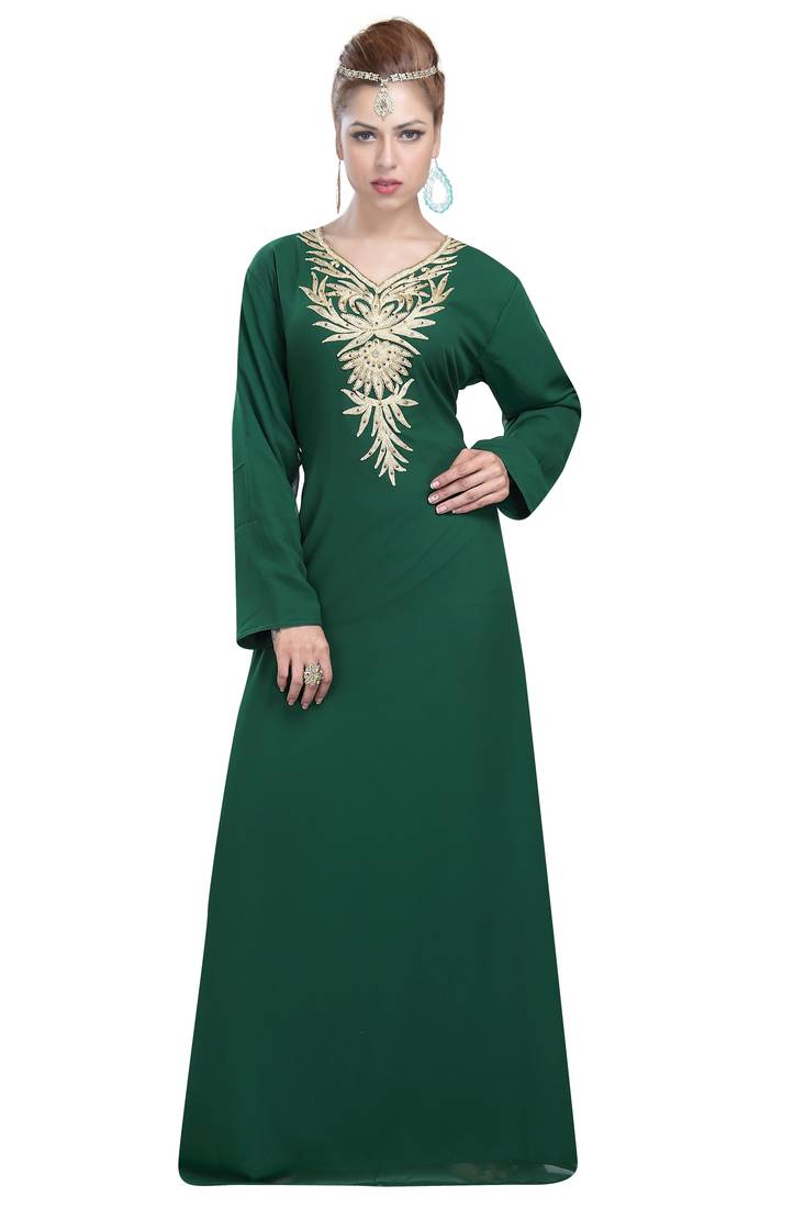 Bottle Green georgette islamic kaftan with zari and stone work