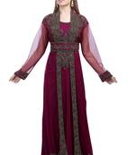 Plum georgette islamic kaftan with zari and stone work