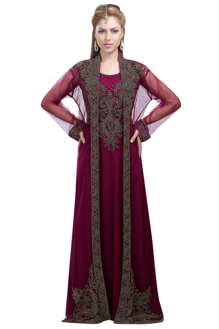 Plum georgette islamic kaftan with zari and stone work