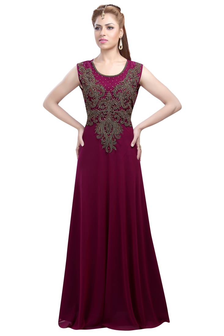 Plum georgette islamic kaftan with zari and stone work