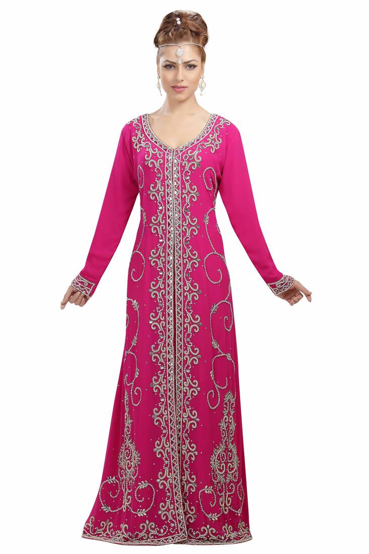 Pink georgette islamic kaftan with zari and stone work