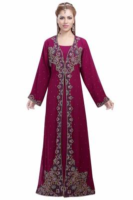 Wine georgette islamic kaftan with zari and stone work 1