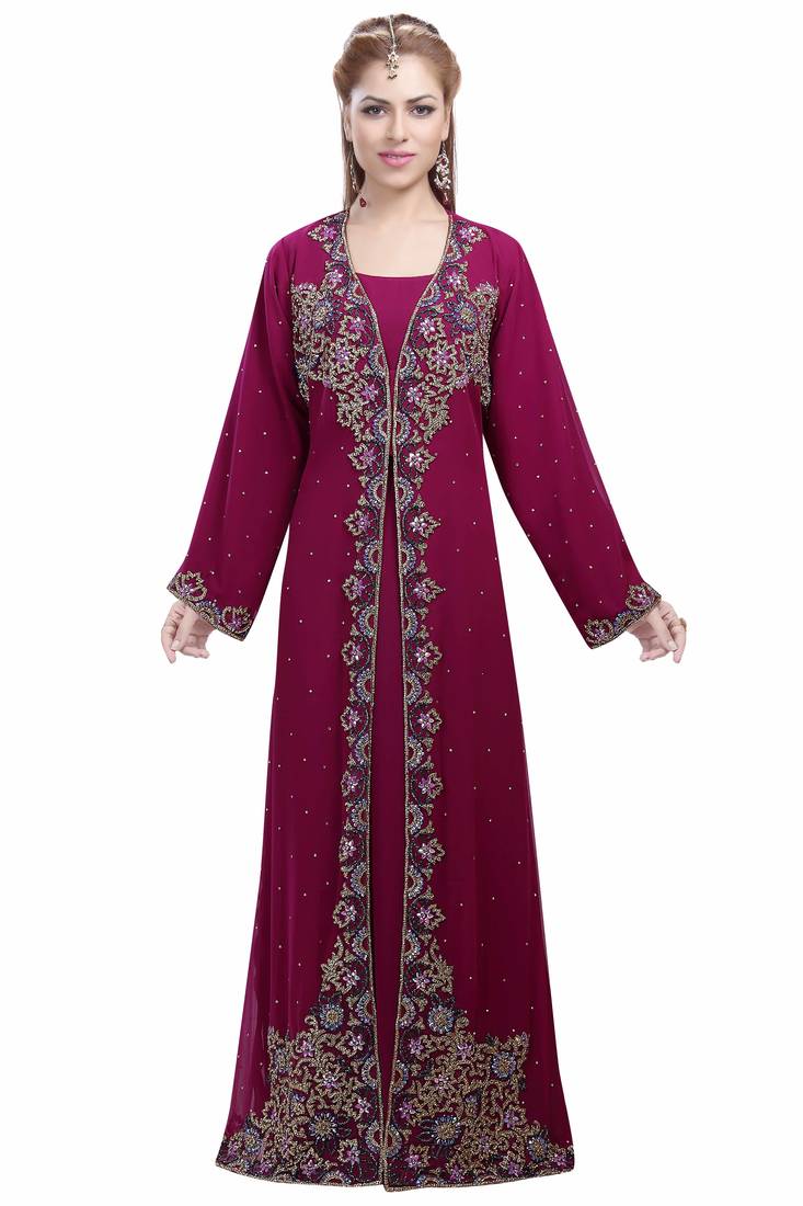 Wine georgette islamic kaftan with zari and stone work