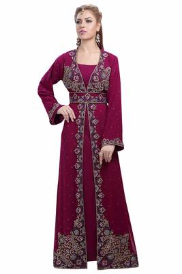 Wine georgette islamic kaftan with zari and stone work 4