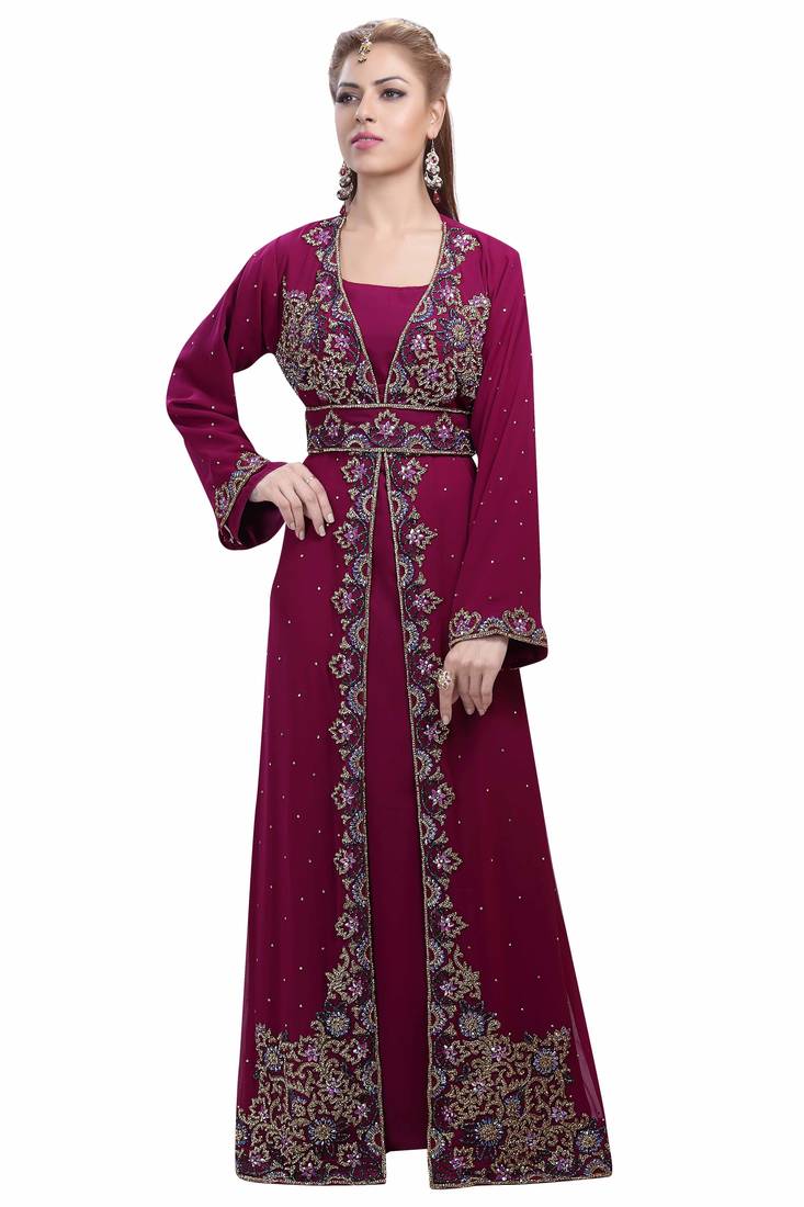 Wine georgette islamic kaftan with zari and stone work