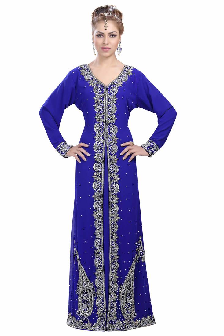Royal Blue georgette islamic kaftan with zari and stone work