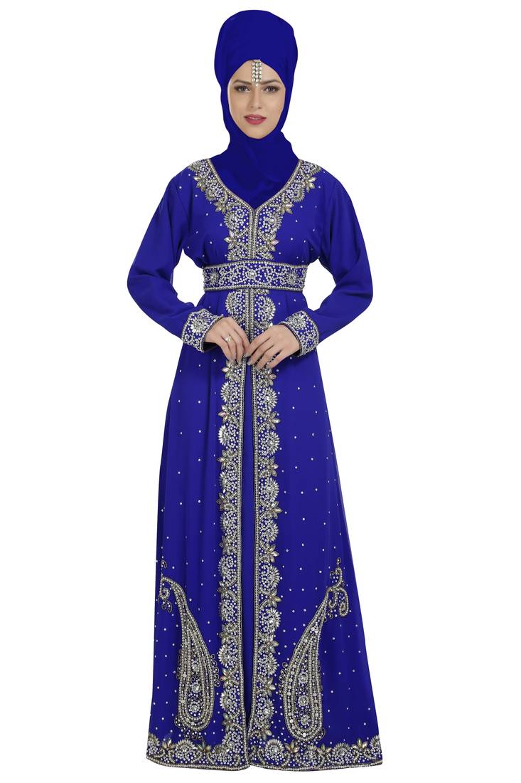 Royal Blue georgette islamic kaftan with zari and stone work