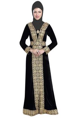 Black georgette islamic kaftan with zari and stone work 1