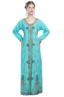 Turquoise georgette islamic kaftan with zari and stone work 1