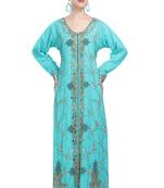 Turquoise georgette islamic kaftan with zari and stone work