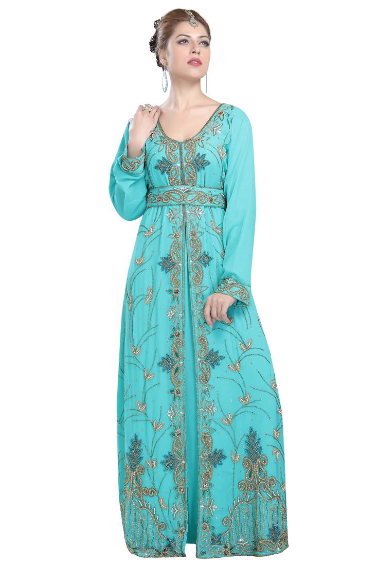 Turquoise georgette islamic kaftan with zari and stone work