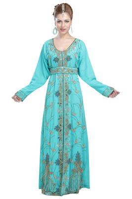 Turquoise georgette islamic kaftan with zari and stone work 3