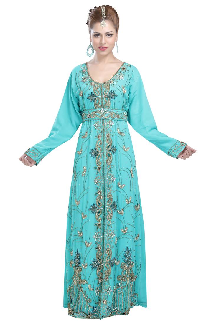 Turquoise georgette islamic kaftan with zari and stone work