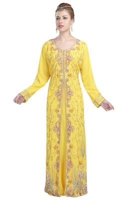 Yellow georgette islamic kaftan with zari and stone work 1