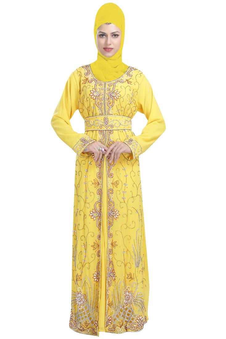 Yellow georgette islamic kaftan with zari and stone work