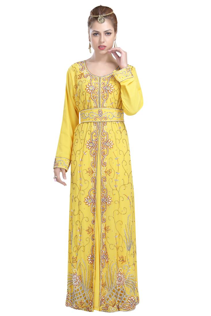 Yellow georgette islamic kaftan with zari and stone work