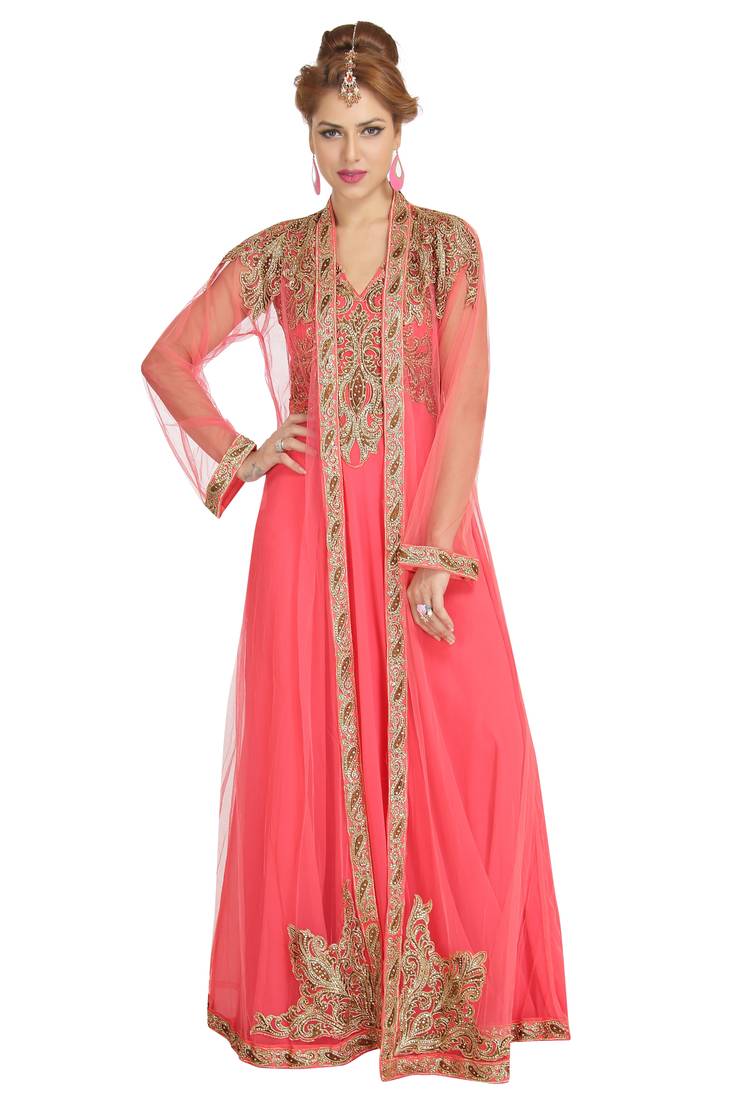 Pink georgette islamic kaftan with zari and stone work
