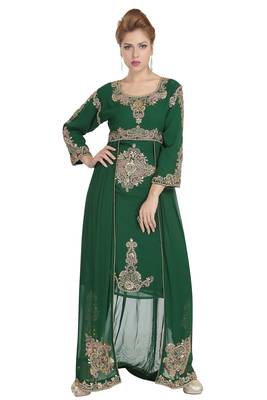 Bottle Green georgette islamic kaftan with zari and stone work 1