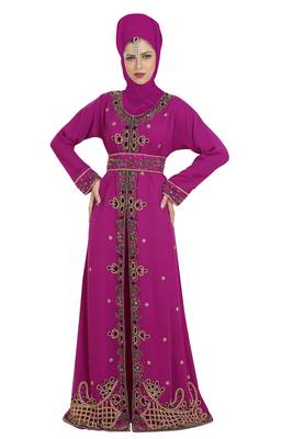 Magenta georgette islamic kaftan with zari and stone work 1