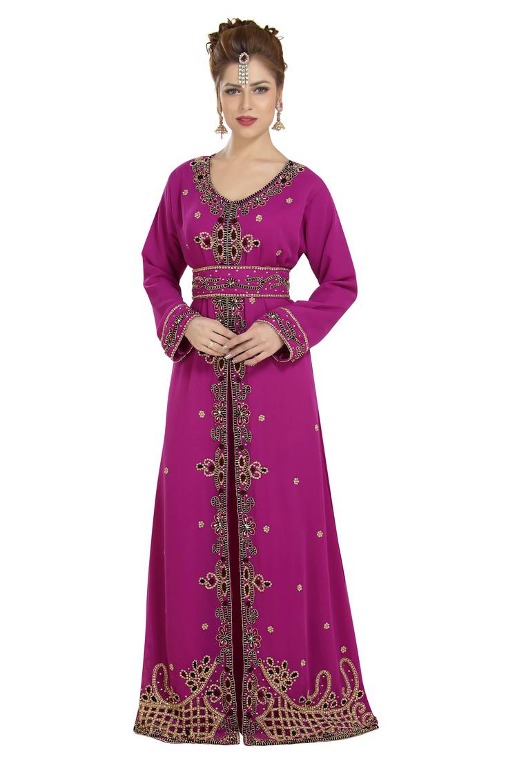 Magenta georgette islamic kaftan with zari and stone work