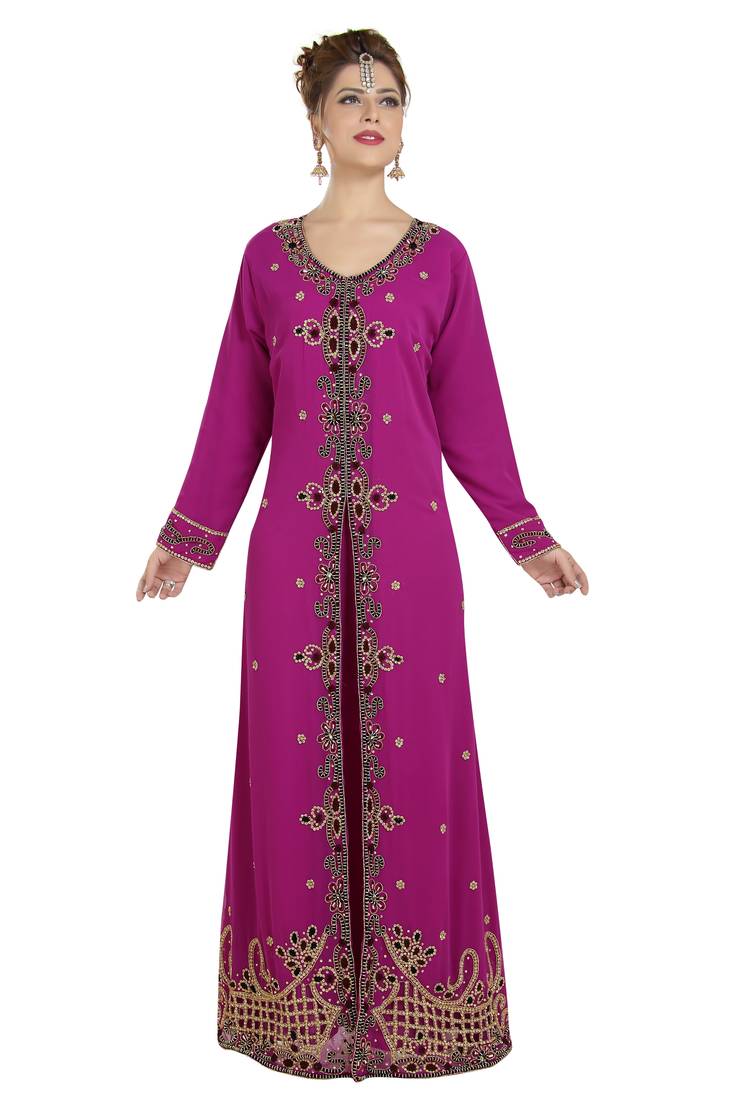 Magenta georgette islamic kaftan with zari and stone work