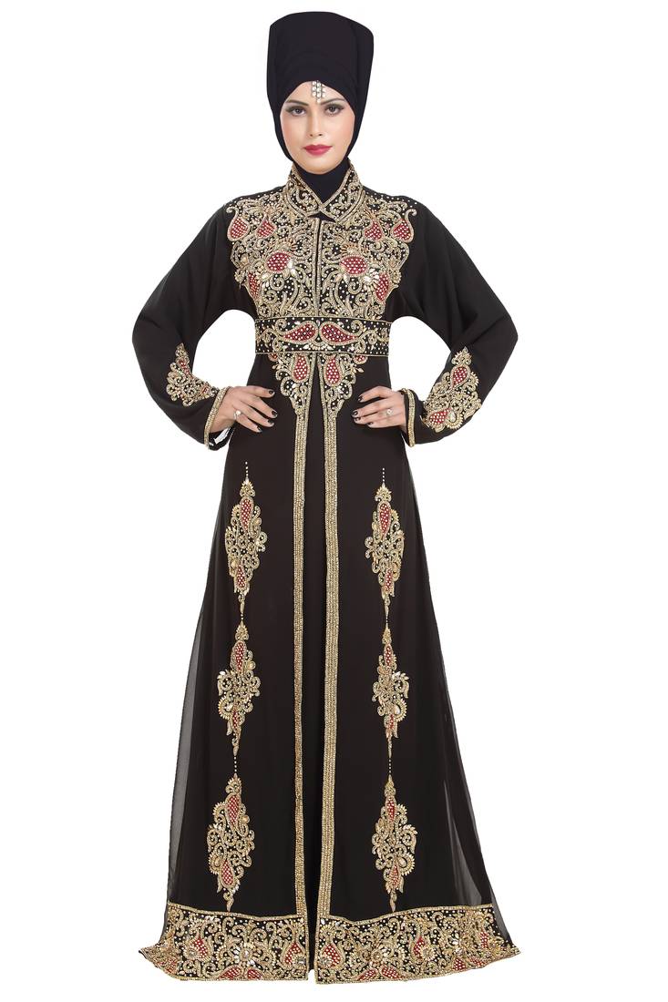 Black georgette islamic kaftan with zari and stone work