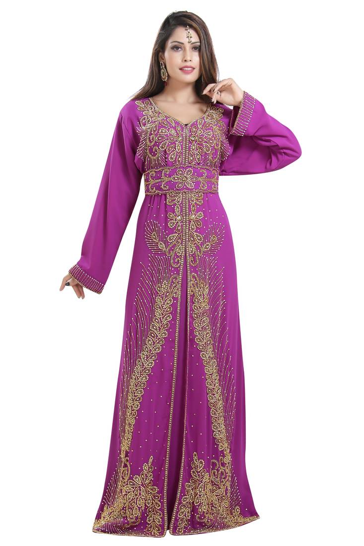 Magenta georgette islamic kaftan with zari and stone work