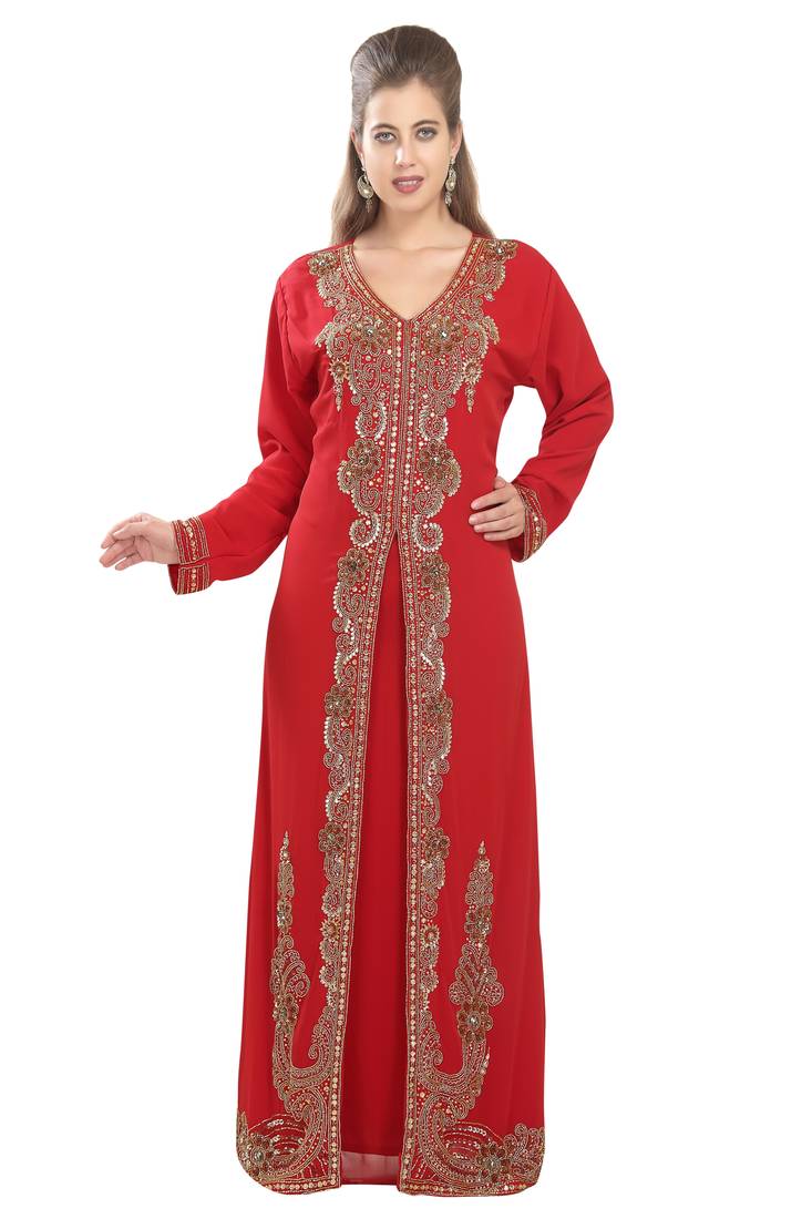 Red georgette islamic kaftan with zari and stone work