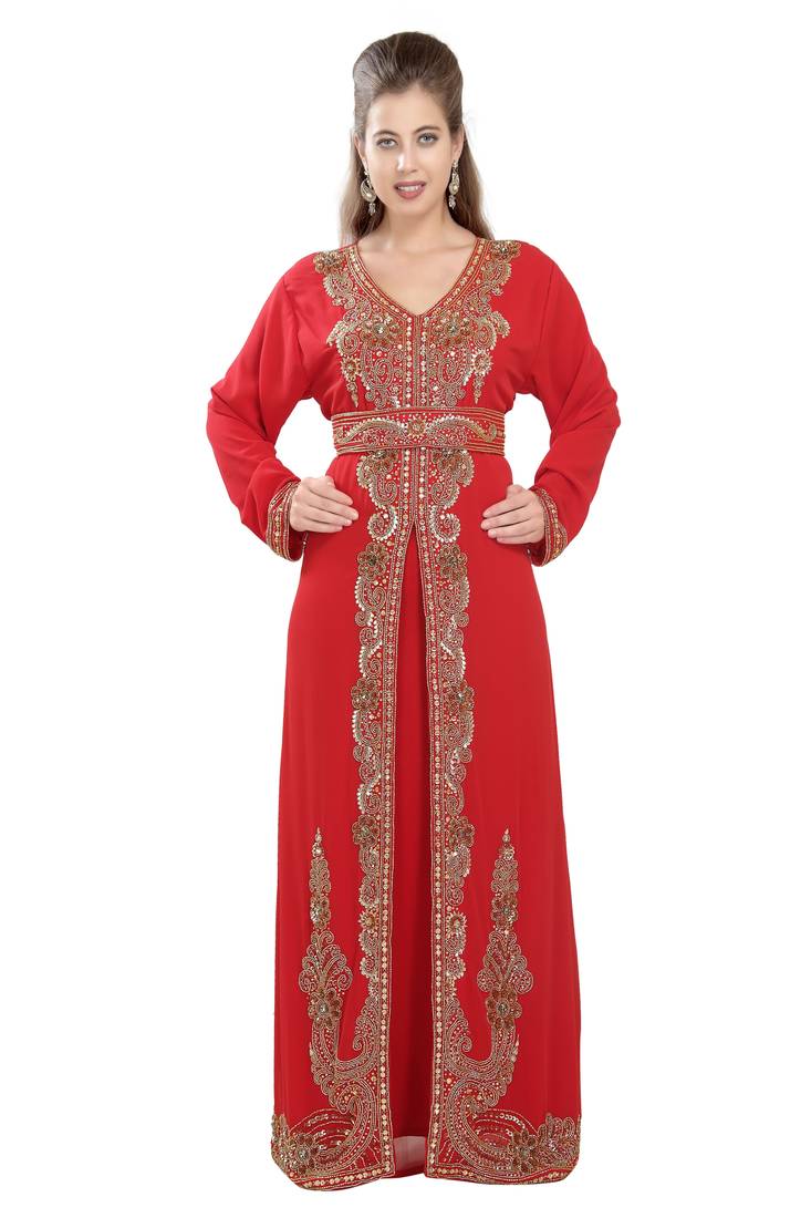 Red georgette islamic kaftan with zari and stone work