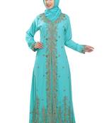 Turquoise georgette islamic kaftan with zari and stone work